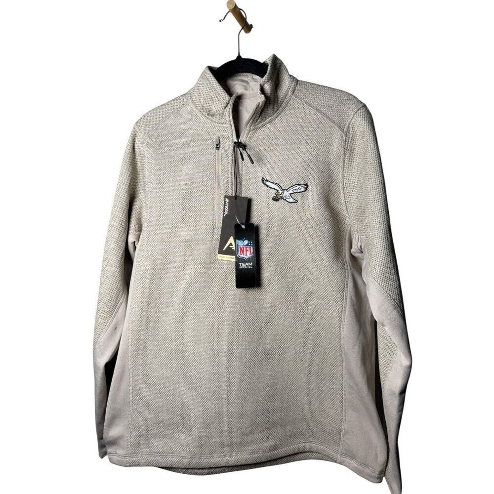 ANTIGUA PHILADELPHIA EAGLES MENS OATMEAL COURSE LONG SLEEVE QTR ZIP PULLOVER Med